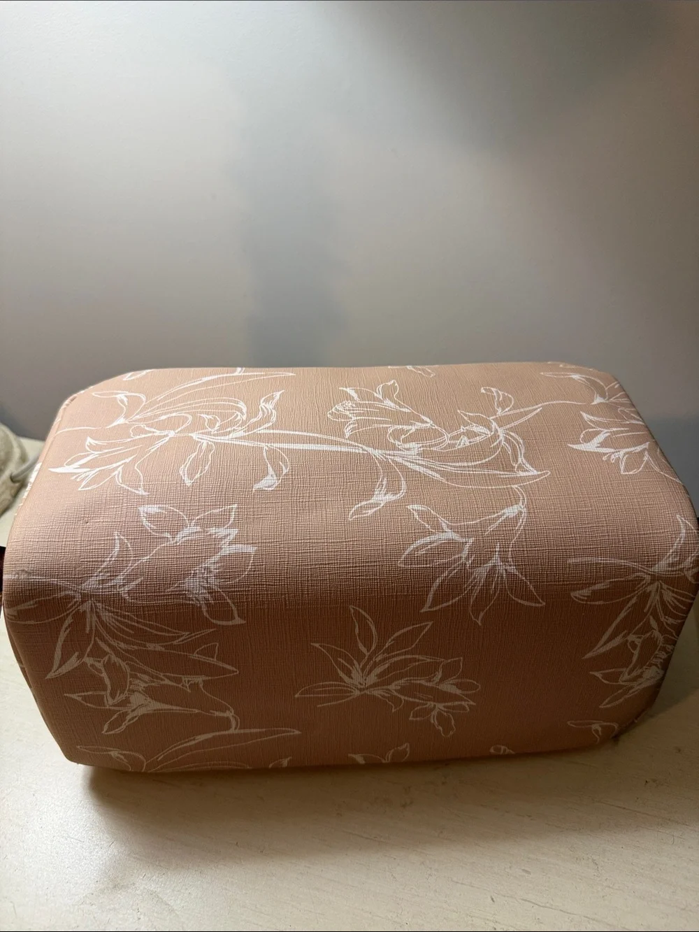Beige Floral Cosmetic Case with Tan Handle